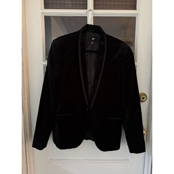 H&M Men's Blazer Sport Coat Jacket 40R Velvet Black One Button Satin Trim Lapel - Picture 4 of 11